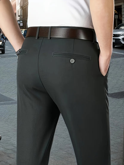 Men's Sleek Stretch Dress Pants - Solid Color Black, Comfort Fit with Subtle Stretch, Polyester Fabric, Mid-Rise, Machine Washable, Perfect for Business Casual & All-Season Wear, Business Casual Pants | Sleek Trousers | Easyc