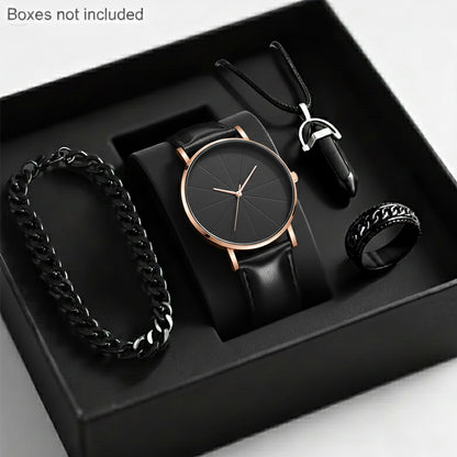 Men'S Luxury Quartz Wristwatch and Jewelry Set | Black Analog Watch with Dual Display, Includes Matching Bracelet, Necklace, and Ring - Ideal for Birthdays, Christmas, Ramadan