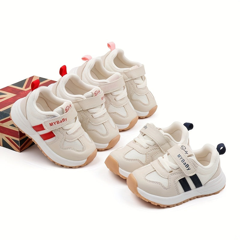 [1pc Unisex Toddler Sports Sneakers] Toddler Sports Sneakers, Unisex Preppy Casual Running Shoes, Striped Low Top Fabric & PU Upper, Breathable Mesh, Soft TPR Sole, with Adjustable Strap Closure, for Spring/Summer, All-Season