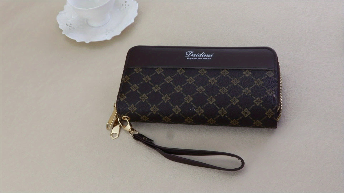 Women'S Elegant Patchwork Wallet & Wristlet Clutch - Large Capacity Double-Zip Coin Purse with Golden-Tone M-Logo, Golden-Tone Hardware & Wrist Strap