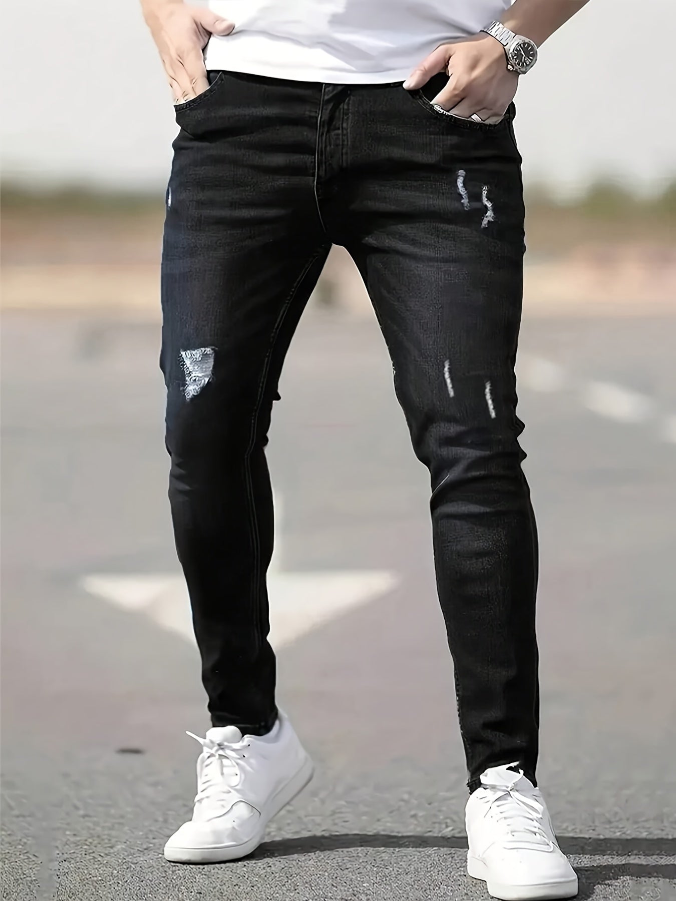 Men's Slim Fit Stretch Denim Jeans - Casual, Breathable & Machine Washable with Ripped Detail
