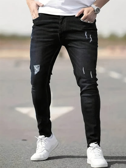 Men's Slim Fit Stretch Denim Jeans - Casual, Breathable & Machine Washable with Ripped Detail