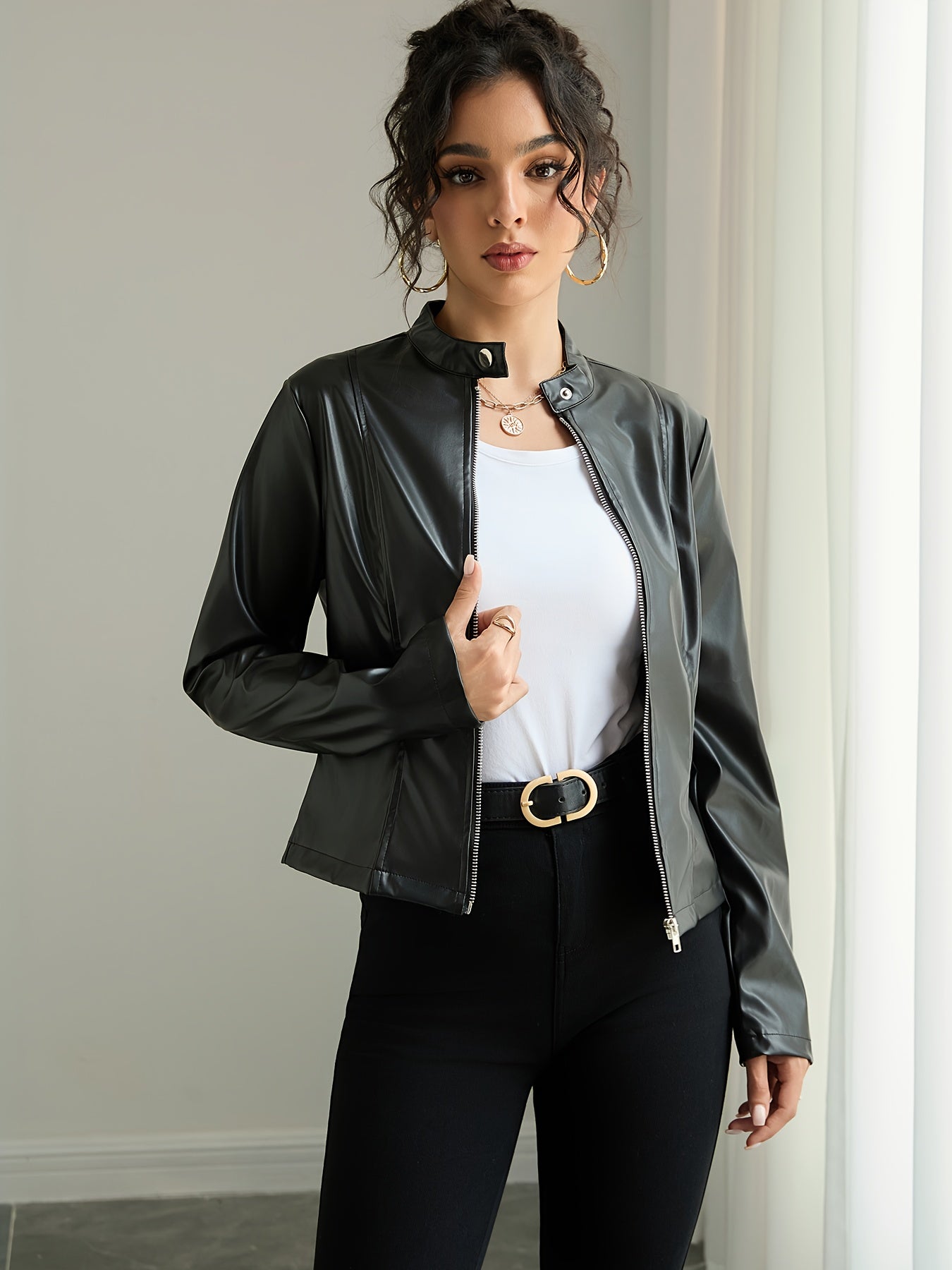 Women's Elegant PUPU Leather Jacket - Full-Zip Long Sleeve Motorcycle Coat with Stand Collar, -Tone Hardware & Smooth Leather Texture, Spring/Fall Outerwear for Casual & Formal Outfits (//Tan) - Non-Stretch Durable Leather, Z