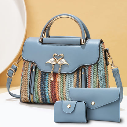 Կանացի պայուսակների հավաքածու՝ երեք հատից բաղկացած. տպագիր ուսի պայուսակներ, ոճային ձեռքի պայուսակներ և բազմակողմանի ուսապարկեր՝ մարմնին կպցնելու համար