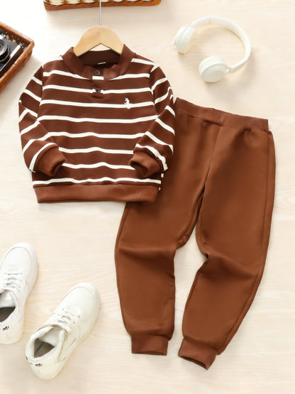 Boys Casual Blue White Striped Long-Sleeve Sweatshirt & Pants Set - ayq