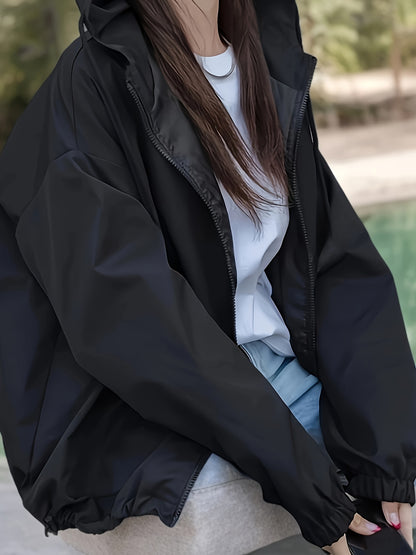 Women's Windproof Zip-Up Hooded Jacket - All-Season Lightweight Coat with Full-Zip Closure, Front Pockets - Elegant Minimalist Design for Office, Travel, Everyday Commute - Machine Washable Women's Outerwear, Zip Up Jacket, C
