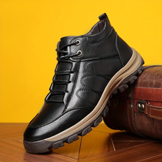 Men'S Stylish Black Leather High-Top Boots - Casual, Fashionable, Business-Ready with Lace-Up Closure, Rubber Sole, and Round Toe Design for Winter Sports and Daily Wear, Winter Boots|Stylish High Boots|Laceup Boots