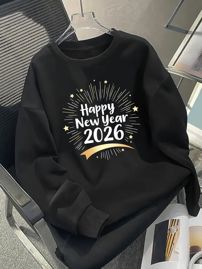 Men's Happy New Year 2026 Print Round Neck Sweater - Casual Long Sleeve Pullover with Chinese/English Lettering, Machine Washable Winter Sweaters for Parties, Daily Wear & New Year Gifts (Happy 2026 Design)