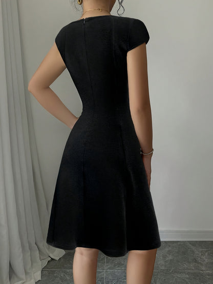 Elegant Square Neck A-Line Dress with Puff Sleeves - Stretchy, Solid Color, Chic Design for Everyday & Work Wear