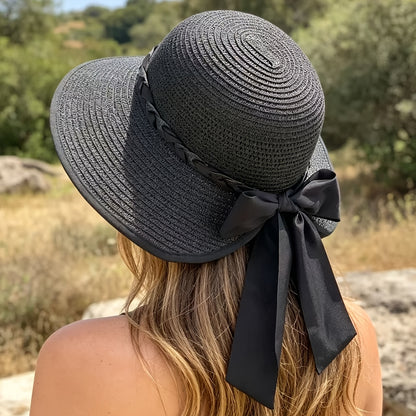 Women’s Lightweight Papyrus Sun Hat with Black Bow - Summer Beach