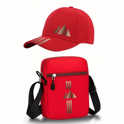 Unisex Curved Brim Baseball Cap & Crossbody Bag Set with Geometric Pri