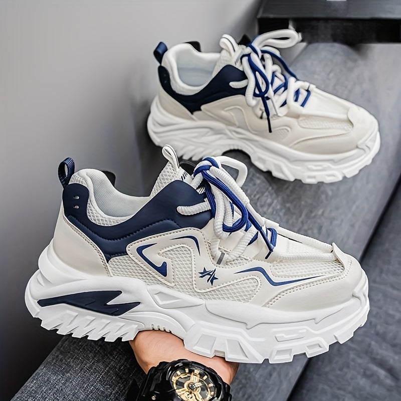 Men'S Breathable Mesh Sneakers with Thick Cushioned Sole - Lightweight Low-Top Lace-Up Shoes for Running, Hiking  Casual Wear, Navy Blue  White Design, All-Season Comfort, Sneakers, Hiking Footwear, Stylish Laceup Shoes, Du