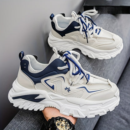 Men'S Breathable Mesh Sneakers with Thick Cushioned Sole - Lightweight Low-Top Lace-Up Shoes for Running, Hiking  Casual Wear, Navy Blue  White Design, All-Season Comfort, Sneakers, Hiking Footwear, Stylish Laceup Shoes, Du