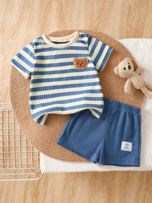 Baby Summer Striped Red White Set with Bear Plush Shorts - ayq