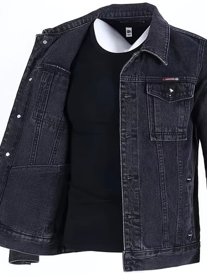 Men's Spring/Autumn Denim Jacket - Casual Chic Style, Black Blend with Red Accents, Button-Up with Flap Pockets, Long Sleeves, Ideal for Hiking & Casual Attire, Outdoor Apparel|Classic Denim Style|Durable Fabric