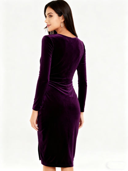 2025 New Velvet V-neck Bodycon Midi Dress | Elegant Cross-Back Sexy Evening Gown for Parties, Solid Color, Long Sleeve, Pencil Fit