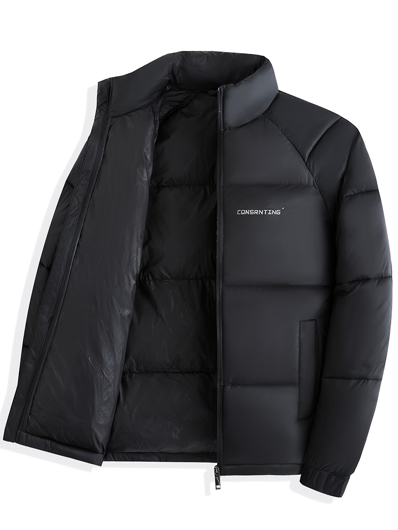 Men'S Winter Warm Jacket - Stylish Black Stand Collar with "CONTRIBUTING" Lettering, Long Sleeve, Zip-Up, Polyester Fleece Lined, Casual Outdoor Sportswear, Winter Jacket, Men, Men'S Business Coat, Men'S Outer Winter, Winter