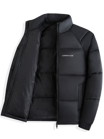 Men'S Winter Warm Jacket - Stylish Black Stand Collar with "CONTRIBUTING" Lettering, Long Sleeve, Zip-Up, Polyester Fleece Lined, Casual Outdoor Sportswear, Winter Jacket, Men, Men'S Business Coat, Men'S Outer Winter, Winter