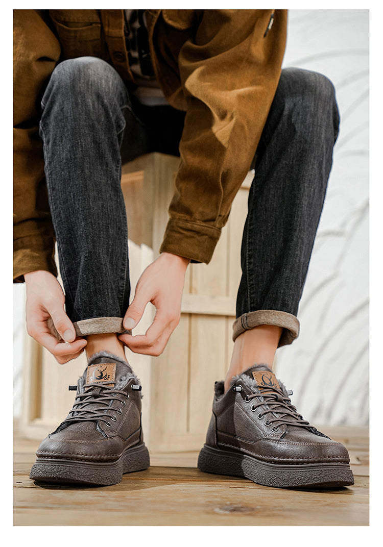 Men's Winter Warm PU -Like Hiking Sneakers with Plush -Like, EVA Cushioned Sole & Rubber Traction Tread - Low-Top Lace-Up Outdoor Shoes for Ice, Snow, Casual Wear (Black/Brown) - Cold Weather