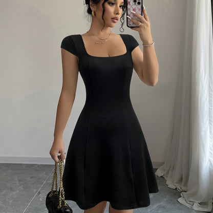 Elegant Square Neck A-Line Dress with Puff Sleeves - Stretchy, Solid Color, Chic Design for Everyday & Work Wear
