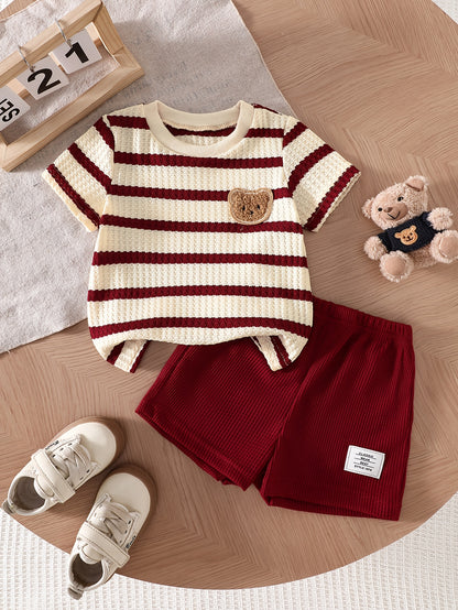 Baby Summer Striped Red White Set with Bear Plush Shorts