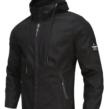 Men's Casual Windproof Hooded Jacket with Embroidery Detail, Long Sleeve Zip-Up Polyester Coat for Spring and Autumn