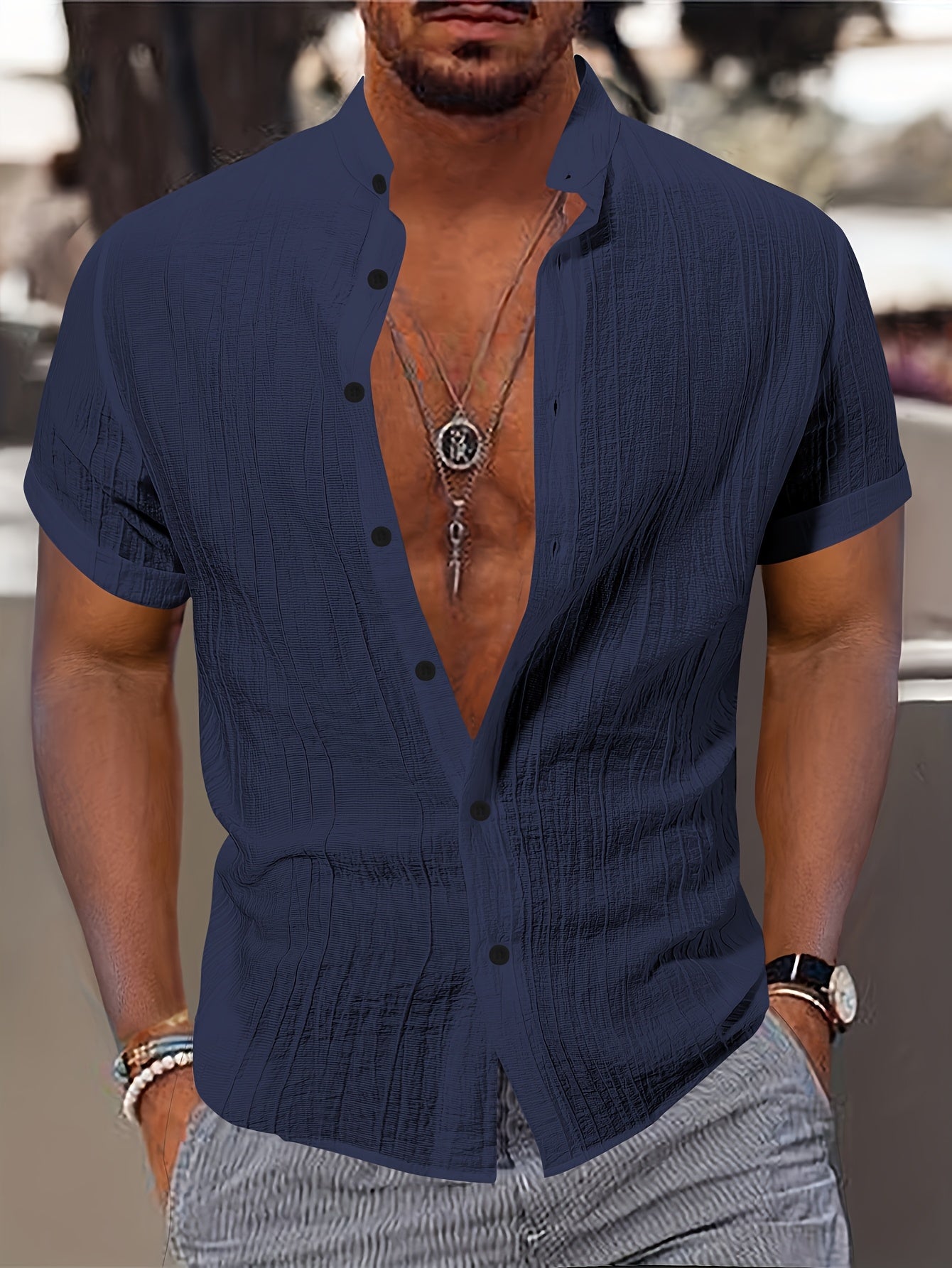 Men's Breathable Solid Color Stand Collar Short-Sleeve Shirt