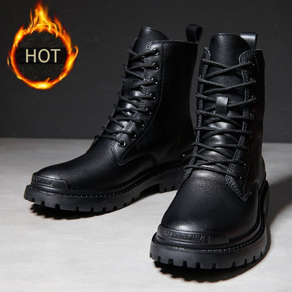 High-End Fashionable Outdoor Casual Men'S Boots for Autumn And Winter, Classic Black Versatile Men'S Boots with Fleece, Genuine Leather Work Shoes for Men.