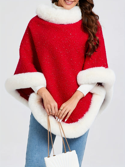 1pc Women's Elegant Red & White Faux-Fur Collar Winter Coat - Thickened Warm Jacket with Round Neck, Loose Fit Blazer for Christmas, New Year, Parties & Daily Wear - 100% Polyester (Hand Wash/Dry Clean) - Coat of Many Colors,