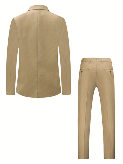 Men's Two-Piece Suit in Solid Color with Sealed Pockets, Regular Fit Suit Trousers, Elegant and Classic, Suitable for Business and Wedding Parties