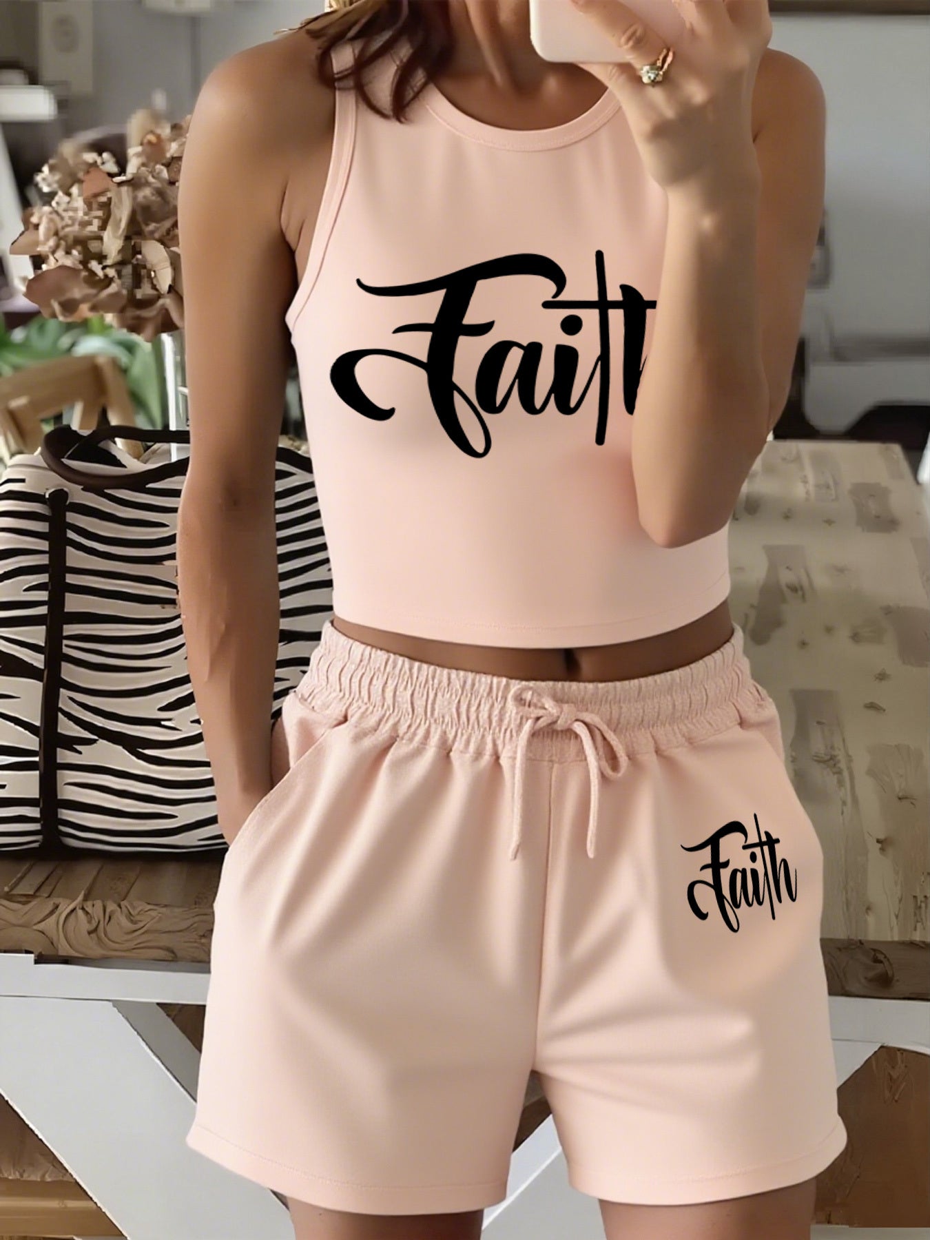 Women's Casual Two-Piece Set with English Print & Wide Leg Pants