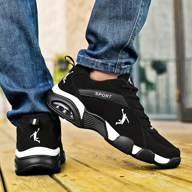 Unisex Low-Top Sneakers with Breathable Mesh & Air Cushion Technology - Comfortable Lace-Up Casual Shoes for Running, Walking, Training - Black & White Design, Synthetic Synthetic Faux Upper, Fabric Lining, All-Season Wear, R - ayq