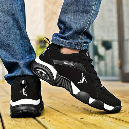 Unisex Low-Top Sneakers with Breathable Mesh & Air Cushion Technology - Comfortable Lace-Up Casual Shoes for Running, Walking, Training - Black & White Design, Synthetic Synthetic Faux Upper, Fabric Lining, All-Season Wear, R - ayq
