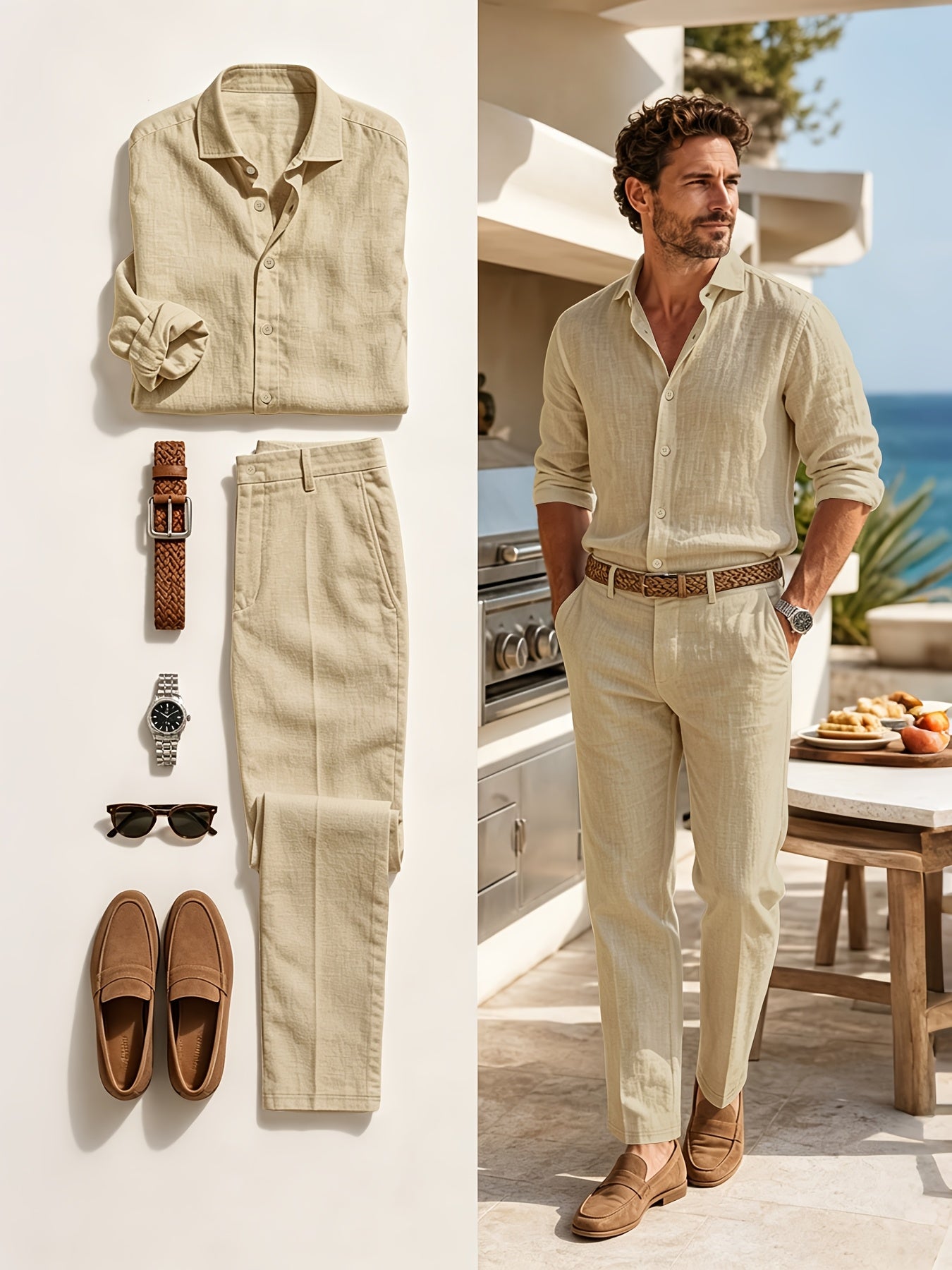 Men's White Linen Casual 2-Piece Set for Summer & Beach