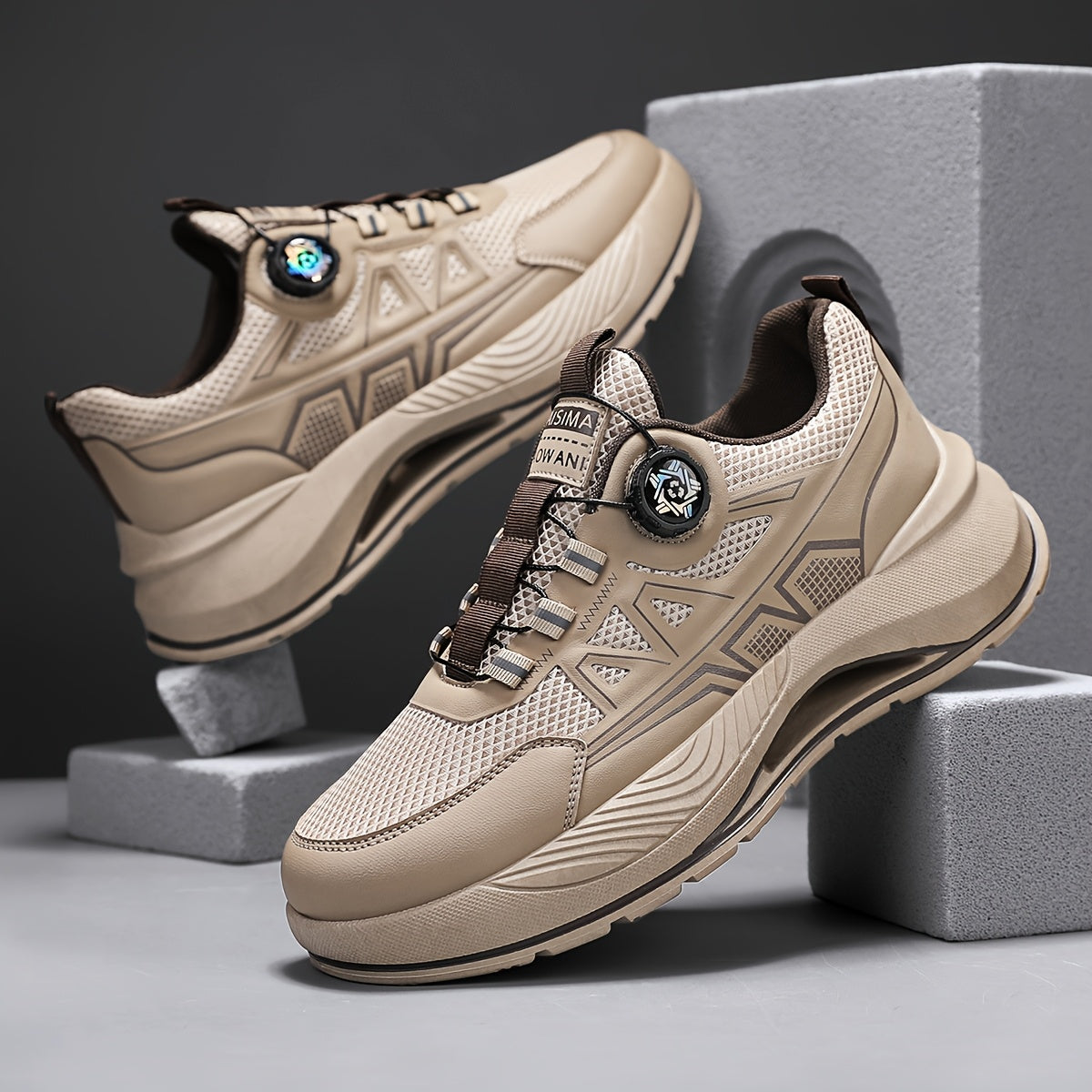 Men's 2025 New Casual Athletic Running Shoes - Thick-Sole Hiking  Basketball Sneakers with Breathable PU/Fabric Upper, Durable PVC Outsole, Beige/Black Colorway for Outdoor, Streetwear  Everyday Comfort, Round Toe Design