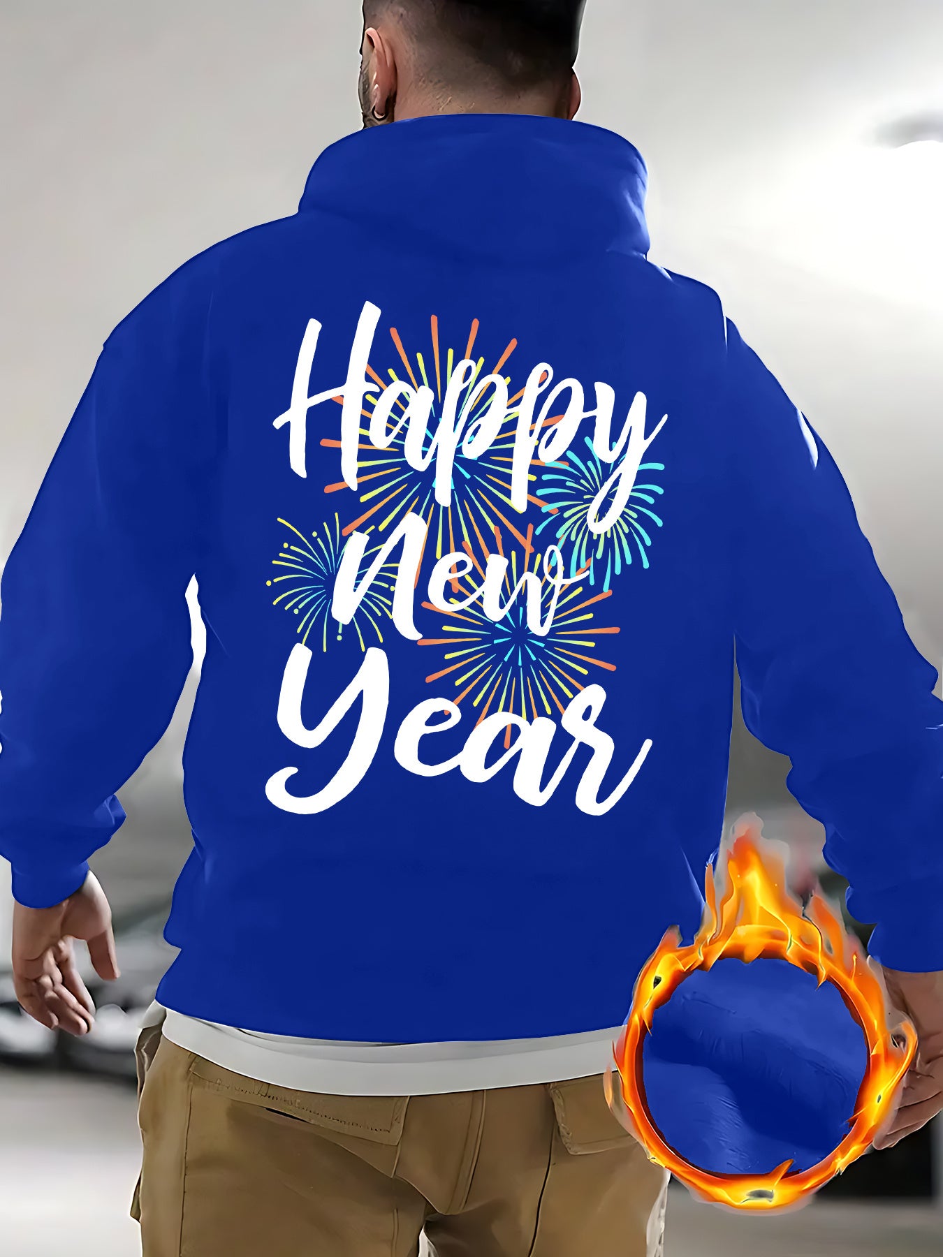 Men's New Year's Eve Fireworks Print Hooded Sweatshirt - Happy New Year Back Design with Adjustable Drawstring Hood, Loose Fit Streetwear Pullover, Warm Winter Casual Sweater for Parties & Casual Attire (Machine Washable), Re