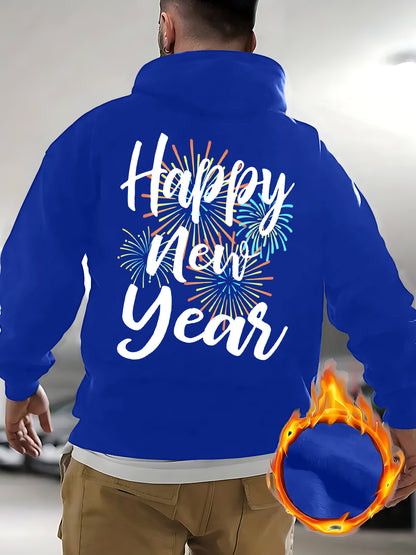 Men's New Year's Eve Fireworks Print Hooded Sweatshirt - Happy New Year Back Design with Adjustable Drawstring Hood, Loose Fit Streetwear Pullover, Warm Winter Casual Sweater for Parties & Casual Attire (Machine Washable), Re