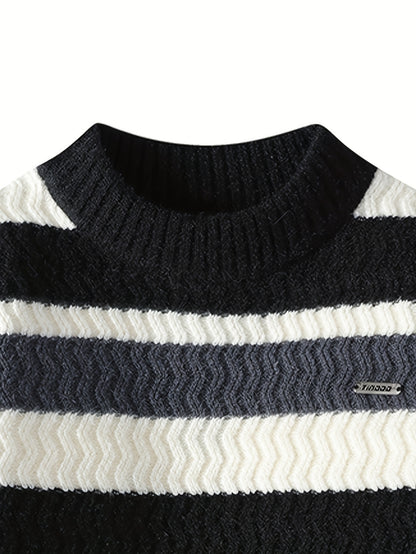 Աշնանային և ձմեռային նոր տղամարդկանց ոլորված շերտավոր կլոր վզնոցով տրիկոտաժե սվիտեր միջին տարիքի հարմարավետ տաք վերնաշապիկի համար