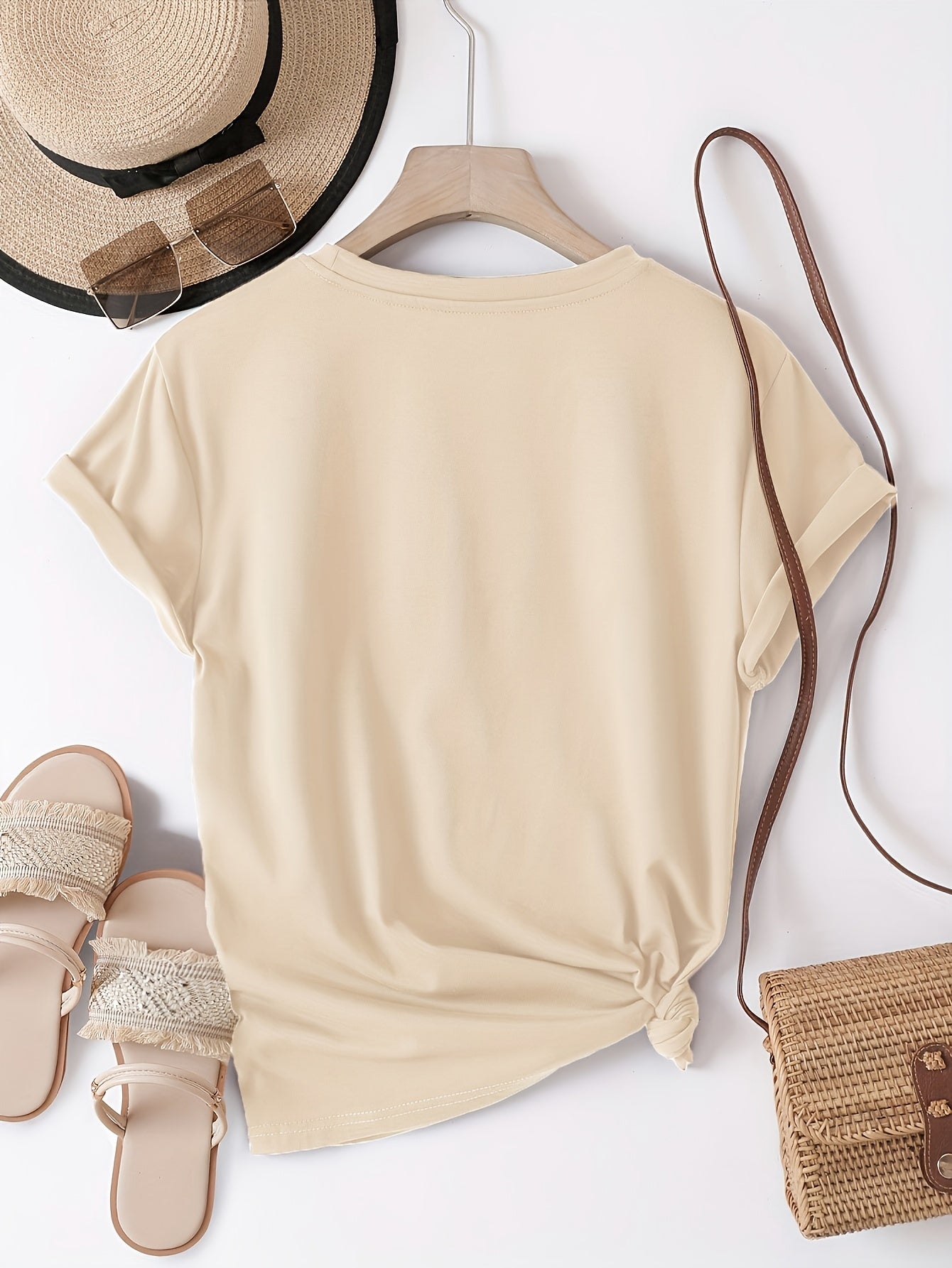 Women's Casual Letter Print T-Shirt - Soft Polyester, Short Sleeve Crew Neck Top for All Seasons, Round Neck, Sports Shirt