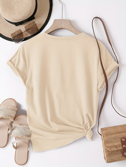 Women's Casual Letter Print T-Shirt - Soft Polyester, Short Sleeve Crew Neck Top for All Seasons, Round Neck, Sports Shirt