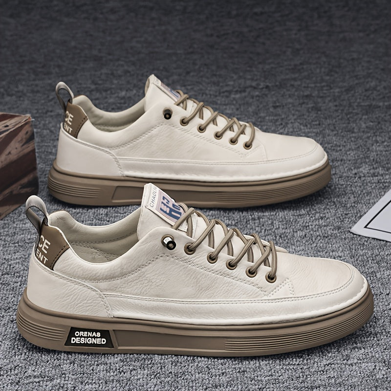 Men's Casual Low-Top Sneakers in Light Beige - Versatile All-Season White Shoes with Elastic Laces, Durable PU Upper & PVC Sole, Comfortable Fabric Insole for Casual Attire - ayq
