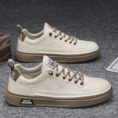 Men's Casual Low-Top Sneakers in Light Beige - Versatile All-Season White Shoes with Elastic Laces, Durable PU Upper & PVC Sole, Comfortable Fabric Insole for Casual Attire