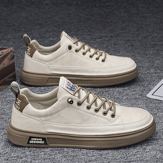 Men's Casual Low-Top Sneakers in Light Beige - Versatile All-Season White Shoes with Elastic Laces, Durable PU Upper & PVC Sole, Comfortable Fabric Insole for Casual Attire