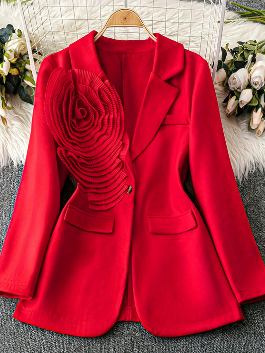 1pc Women'S Elegant Pink Blazer - Thick Winter Coat with Floral Pattern, Structured Lapel Collar & Single-Button Closure, Long Sleeve Tailored Jacket for Fall/Winter