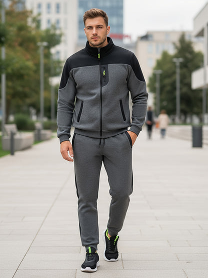 New Autumn And Winter Men'S Plush Zip-Up Color-Blocking Pocket Stand Collar Jacket And Long Pants Set, Stylish High Street Men'S Two-Piece Outfit