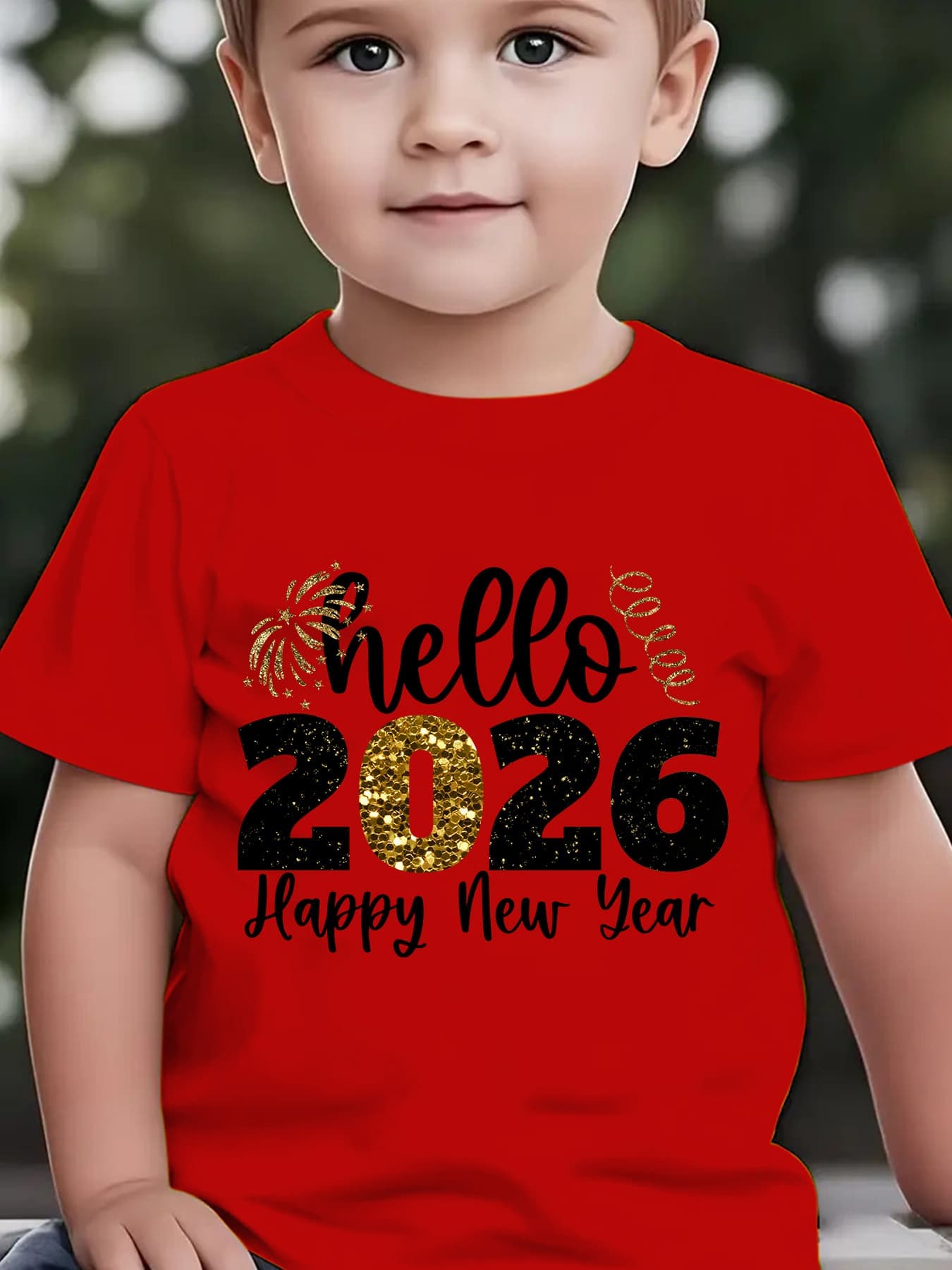 Boys' 2026 New Year'S Eve Party T-Shirt - Hello 2026 Happy New Year Fireworks Print with Golden & Lettering - Lightweight Summer Tee for Birthday Party Outfit, New Year'S Eve Celebration - Easy-care Kids Shirt, New Year T Shi