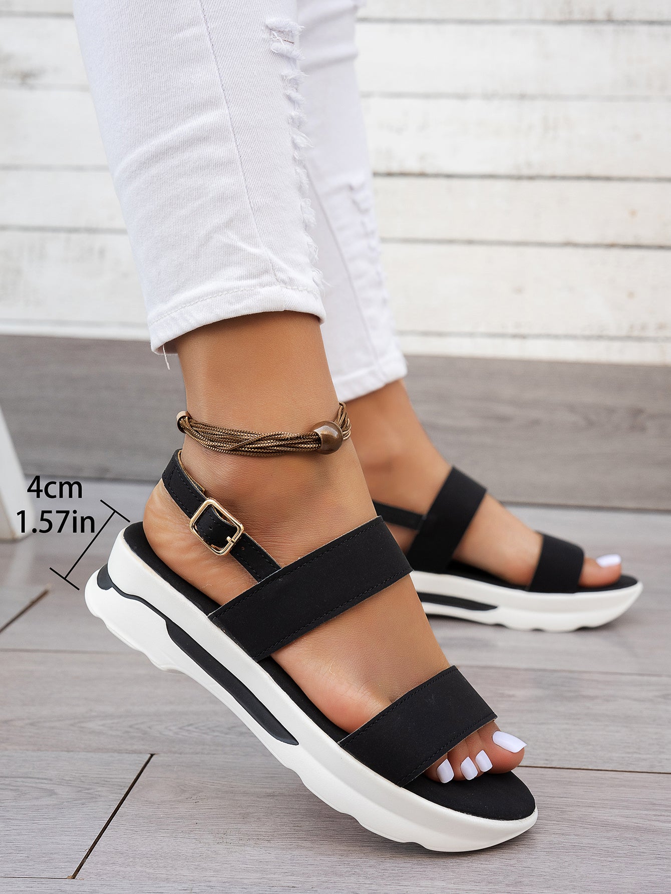 Mhysa Women's Comfortable Open-Toe Platform Sandals with Thick Sole & Golden Buckle Strap - Summer Casual White PU Cover Ankle Strap Sandals for Casual Attire, Ladies Sandals