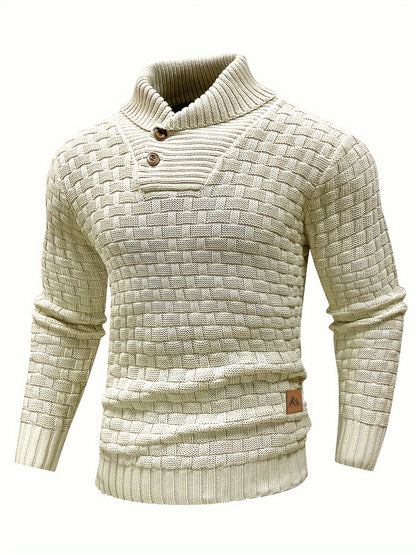 Men's Casual Waffle Pattern High Stretch Sweater, Chic Mature Pullover Sweater For Fall Winter