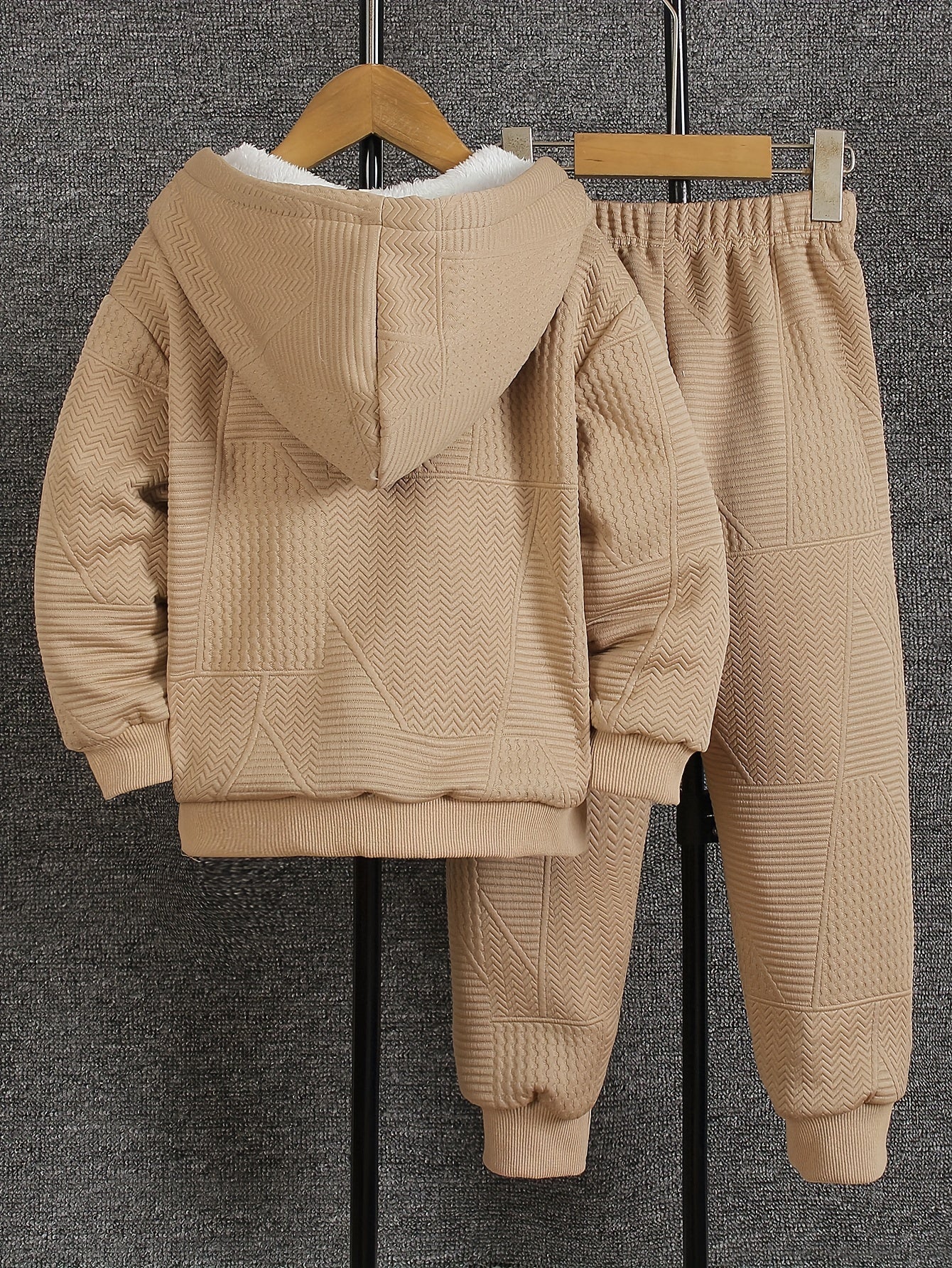 Cozy Fleece Zip-Up Hoodie & Pants Set - Beige Geometric Pattern, Long Sleeve Casual Winter Outfit with Pockets, Elastic Waistband, and Button-Up Front, Perfect for Fall/Winter, Cozy Clothing | Playful Design | Elastic Waistba