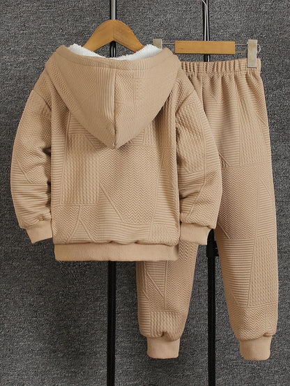 Cozy Fleece Zip-Up Hoodie & Pants Set - Beige Geometric Pattern, Long Sleeve Casual Winter Outfit with Pockets, Elastic Waistband, and Button-Up Front, Perfect for Fall/Winter, Cozy Clothing | Playful Design | Elastic Waistba